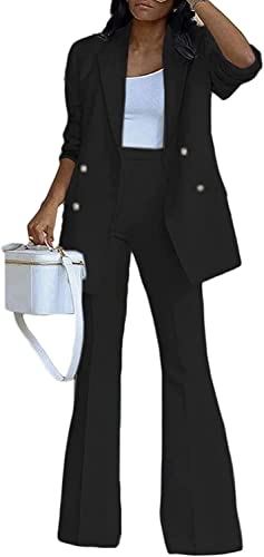 Vagbalena Damen Elegante Business Anzug Anzug Büro Business Hose Mantel Jacke zweiteilig lässig Mode Anzug Set weites Bein Hose Anzug Jacke (Schwarz,L) von Vagbalena