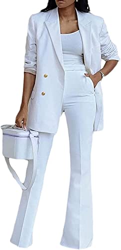 Vagbalena Damen Elegante Business Anzug Anzug Büro Business Hose Mantel Jacke zweiteilig lässig Mode Anzug Set weites Bein Hose Anzug Jacke (Weiß,M) von Vagbalena