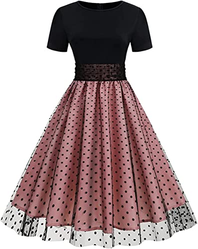 Vagbalena Damen kurz ärmel iges Mesh-Tupfen-Tüll Kleid Sommerkleid Rundhals-Kurzarm-Polka-Dot-Spleißen Vintage Hepburn-Kleid (Rosa,XL) von Vagbalena