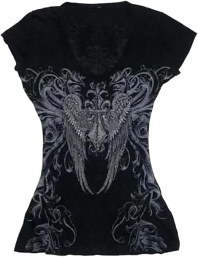 Damenmode Design V-Ausschnitt Kurzarm Emo Rock Kleidung Teen 2000s Teen Girls Vintage V-Ausschnitt Kurzarm Tie Dye Bedrucktes T-Shirt (Schwarz 2,S) von Vagbalena