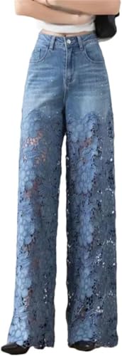 Vagbalena Damenmode gerade lässig lose Nähte Spitze Patchwork Jeans Casual Push-Up Skinny mit Taschen Bestickt Flare Jeans (Blau 1,M) von Vagbalena