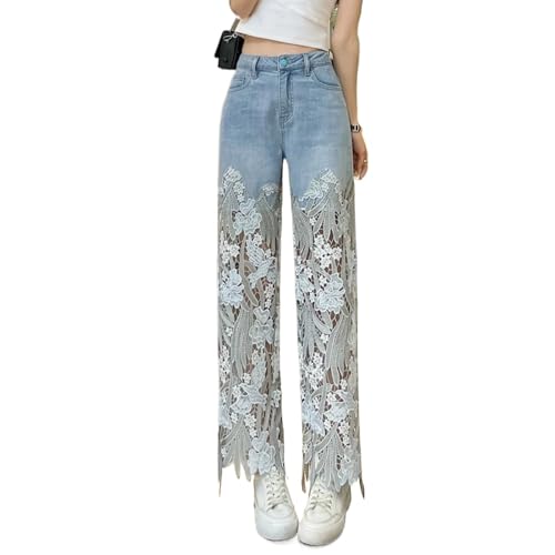 Vagbalena Damenmode gerade lässig lose Nähte Spitze Patchwork Jeans Casual Push-Up Skinny mit Taschen Bestickt Flare Jeans (Blau 2,XL) von Vagbalena