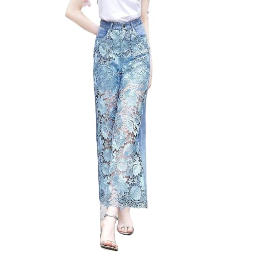 Vagbalena Damenmode gerade lässig lose Nähte Spitze Patchwork Jeans Casual Push-Up Skinny mit Taschen Bestickt Flare Jeans (Blau 3,L) von Vagbalena