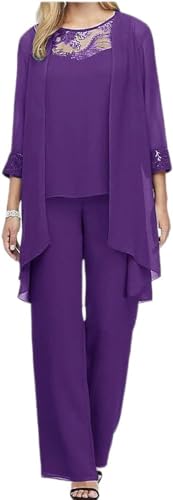 Vagbalena Dreiteiliges Damen Chiffon Hemd Tüll Abendkleid Set Cocktail Party Feier Hose Elegant Vintage dreiteiliger Anzug (Lila,XL) von Vagbalena