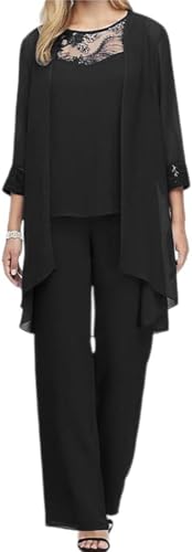 Vagbalena Dreiteiliges Damen Chiffon Hemd Tüll Abendkleid Set Cocktail Party Feier Hose Elegant Vintage dreiteiliger Anzug (Schwarz,XL) von Vagbalena