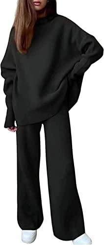 Vagbalena Eleganter Strickanzug für Damen 2-TLG. Rollkragenpullover + Hose gestricktes Sport-Trainings-Set Langärmeliger Rollkragenpullover und weit geschnittene Hose (Schwarz,M) von Vagbalena