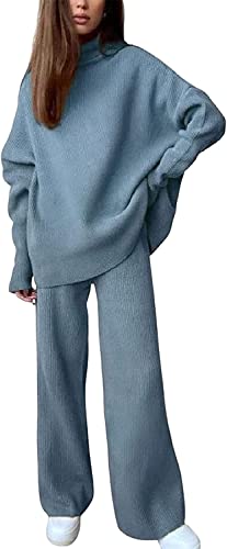 Vagbalena Eleganter Strickanzug für Damen 2-TLG. Rollkragenpullover + Hose gestricktes Sport-Trainings-Set Langärmeliger Rollkragenpullover und weit geschnittene Hose (Blau,M) von Vagbalena