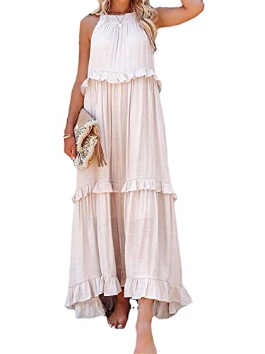Vagbalena Frauen 2023 Sommer Bohemian Stil ärmelloses rückenfreies Kragen Rüschen abgestuftes Chiffonkleid Strandparty abgestuftes Kleid fließendes schwingendes langes mittellanges Kleid (Apricot,L) von Vagbalena