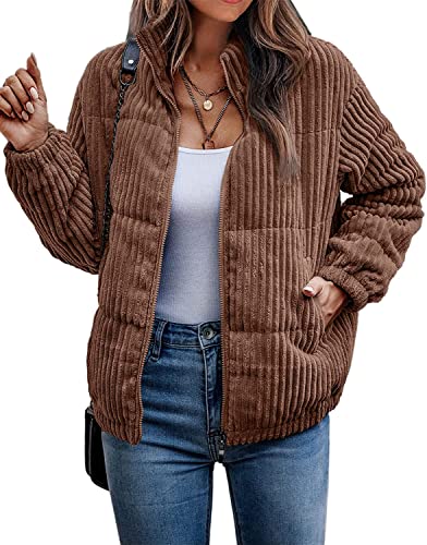 Vagbalena Frauen Bomber Jacke Cord Rippen Stepp Zip Langarm Winter Jacke Herbst mit Taschen Top Warme Jacke Klassische Herbst und Winter Jacke (Braun,M) von Vagbalena
