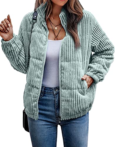 Vagbalena Frauen Bomber Jacke Cord Rippen Stepp Zip Langarm Winter Jacke Herbst mit Taschen Top Warme Jacke Klassische Herbst und Winter Jacke (Grün,L) von Vagbalena