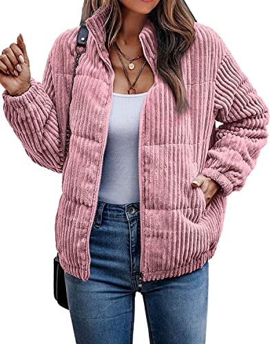 Vagbalena Frauen Bomber Jacke Cord Rippen Stepp Zip Langarm Winter Jacke Herbst mit Taschen Top Warme Jacke Klassische Herbst und Winter Jacke (Rosa,L) von Vagbalena