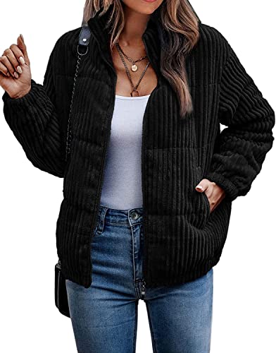 Vagbalena Frauen Bomber Jacke Cord Rippen Stepp Zip Langarm Winter Jacke Herbst mit Taschen Top Warme Jacke Klassische Herbst und Winter Jacke (Schwarz,XL) von Vagbalena
