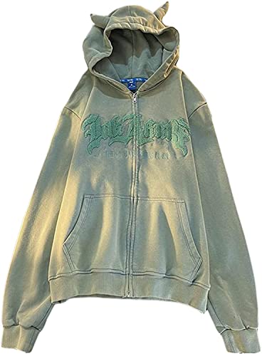 Vagbalena Frauen Harajuku niedlich Teufel hörner Hoodie Jacke Teenager mädchen ästhetische Punk Buchstaben gedruckt ärmel super David Kleidung mit Taschen Hoodie Jacke (Grün,M) von Vagbalena