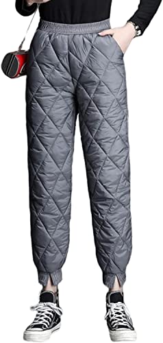 Vagbalena Frauen Rhombus Gesteppte Flauschige Daunenhose verdickte warme Hose Sieht dünn aus, hohe Taille, lockere Freizeithose, warme Winterhose, Schneehose, warme Skihose (Grau,XL) von Vagbalena