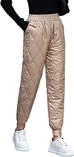 Vagbalena Frauen Rhombus Gesteppte Flauschige Daunenhose verdickte warme Hose Sieht dünn aus, hohe Taille, lockere Freizeithose, warme Winterhose, Schneehose, warme Skihose (Khaki,L) von Vagbalena