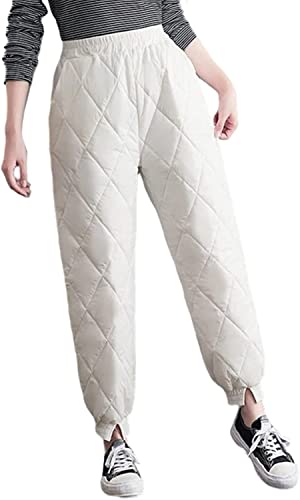 Vagbalena Frauen Rhombus Gesteppte Flauschige Daunenhose verdickte warme Hose Sieht dünn aus, hohe Taille, lockere Freizeithose, warme Winterhose, Schneehose, warme Skihose (Weiß,L) von Vagbalena