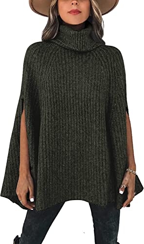 Vagbalena Frauen Rollkragen Pullover Herbst Winter Rollkragen Pullover Poncho Pullover Mode Chunky Knit Cape Pullover Top Kalten Schulter Pullover (Armee grün,S) von Vagbalena