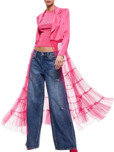 Vagbalena Frauen Satin Tulle Patchwork Leichtes langes Blazer Asymmetrischer Langhemdkleid Tüll Mesh Patchwork Strickjacke Club Partyjacke (Rose,M) von Vagbalena