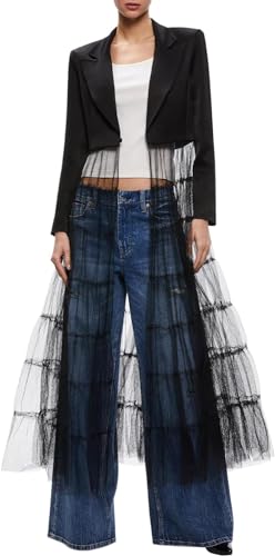 Vagbalena Frauen Satin Tulle Patchwork Leichtes langes Blazer Asymmetrischer Langhemdkleid Tüll Mesh Patchwork Strickjacke Club Partyjacke (Schwarz,L) von Vagbalena