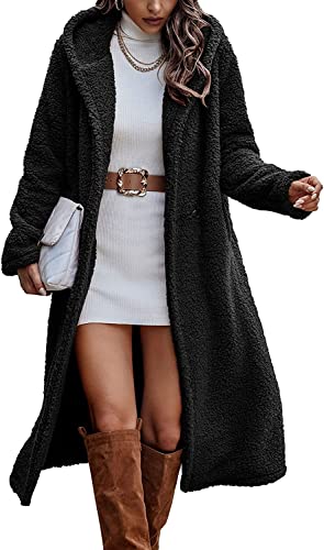 Vagbalena Frauen Winter Mantel plüsch Lange mit Kapuze Mantel Taste unten Faux Pelz warme Oberbekleidung Teddy Faux Pelzmantel Winter übergroßen Vintage warme Mantel (Schwarz,L) von Vagbalena