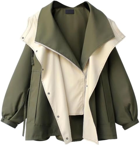 Vagbalena Frühling und Herbst Damen Casual Revers Langarm Taillierte mittellange Windjacke Steppjacke mit Taschen Kapuzenmantel (Armee grün,XL) von Vagbalena