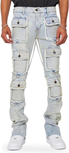 Vagbalena Gestapelte Jeans mit Stretch-Jeans für Herren gebrochene dünne dünne Hüftkopf-Jeans mit Mehreren Taschen Jeans Klappe gerade Stretch-Hosen (Blau,L) von Vagbalena