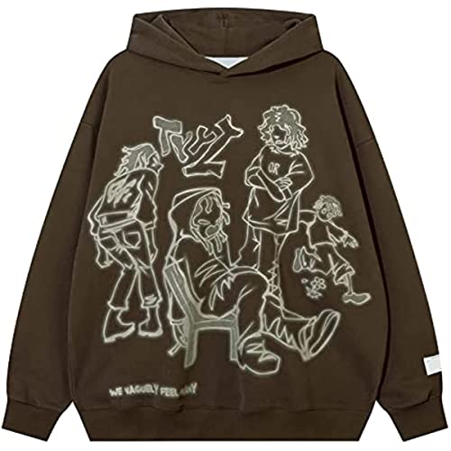 Vagbalena Harajuku Anime Hoodie Hoodie Herren Retro-Knochenprint-Kapuzen Pullover Y2k Mode mit übergroßem Reiß Verschluss, Hip-Hop-Hoodie (Braun,XXL) von Vagbalena