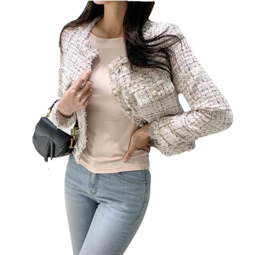 Vagbalena Herbst Damen Einreiher Tweed Jacke Lose Taschen Design Sense Nische Tweed Kurze Bluse Frauen Koreanische Mode Kurze Jacke Kurze Jacke (Rosa,L) von Vagbalena