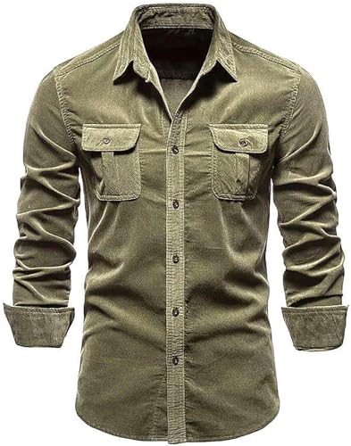 Vagbalena Herren-Cordhemd mit Knopfleiste lässig langärmelig Herbstjacke mit Klappentasche Cord-Herrenhemd mit Taschen langärmeliges Herren-Herbsthemd (Grün,M) von Vagbalena