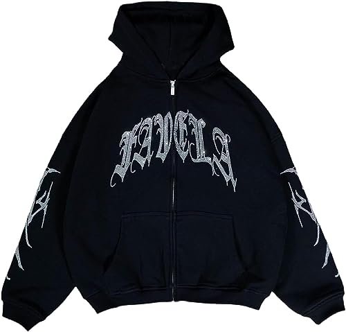 Vagbalena Herren Damen Vintage Ästhetisch Übergroße Kapuzen Jacke Y2K Reiß Verschluss Hoodie Mode Übergroßer Briefdruck Pullover Freizeit Fitness Basic Jacke (Schwarz,M) von Vagbalena