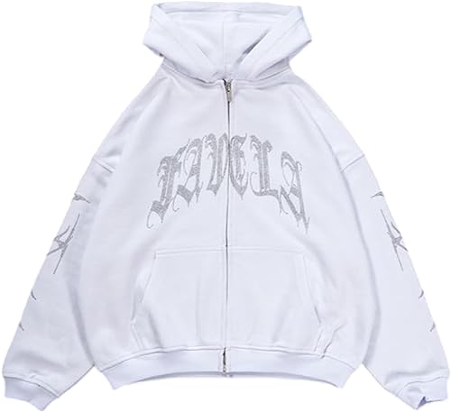Vagbalena Herren Damen Vintage Ästhetisch Übergroße Kapuzen Jacke Y2K Reiß Verschluss Hoodie Mode Übergroßer Briefdruck Pullover Freizeit Fitness Basic Jacke (Weiß,XL) von Vagbalena