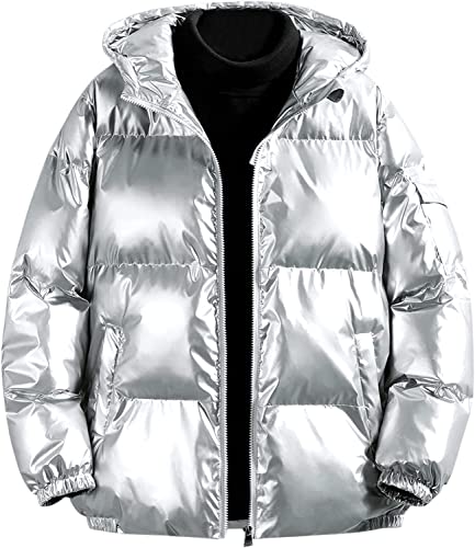 Vagbalena Herren Hoodie Metallic Daunenjacke Warme und leichte wasserdichte Daunenjacke mit Kapuze Voller Reißverschluss Glänzende Steppjacke Daunenjacke (Silber,M) von Vagbalena