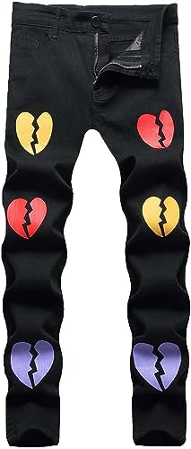Vagbalena Herren-Jeans mit gebrochenem Herzen Bedruckt Patchwork-Farb Block mit regulärer Passform Stretch-Jeans mit schlanken gewaschenen Bleistift Hosen (Stil 2,34) von Vagbalena