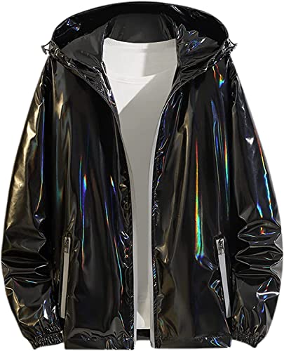 Vagbalena Herren Party Glänzende Kapuzen Langarm Metallic Reißverschluss Jacke Einfarbig Reißverschluss Glänzend Holographisch Kapuzen Trenchcoat Glänzend Kapuzen Lose Herrenmantel (Schwarz,M) von Vagbalena