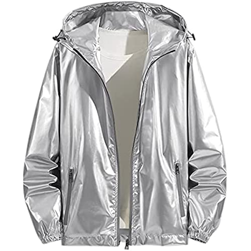 Vagbalena Herren Party Glänzende Kapuzen Langarm Metallic Reißverschluss Jacke Einfarbig Reißverschluss Glänzend Holographisch Kapuzen Trenchcoat Glänzend Kapuzen Lose Herrenmantel (Silber,4XL) von Vagbalena