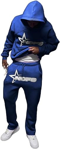 Vagbalena Herren-Sport bekleidung mit monogramm freiem Kapuzen pullover und Joggern lässiges Top und Jogging hose 2-teiliges Set Y2K Hip Hop Streetwear Hoodie Trainings Sweatshirt (Blau,M) von Vagbalena