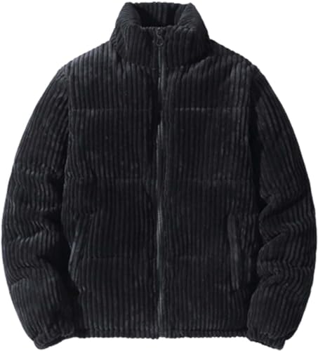 Vagbalena Herren Stehaufmännchen gesteppt Blase Ärmel Cord Jacke Cord kaltes Wetter Baumwolle Jacke Rundhalsausschnitt Reißverschluss Langarm Winter Arbeitskleidung Jacke (Schwarz,M) von Vagbalena