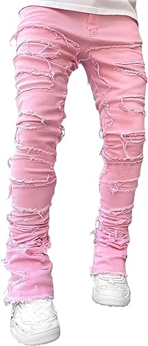 Vagbalena Herren Stretch Jeans mit geschnittenen Slim Fit Stretch Jeans mit dünnem Denim-Bleistift-Hose mit gerolltem Farbstoff gespleißt gestapelt mit geradem Bein dünne Jeans (Pink,XXL) von Vagbalena