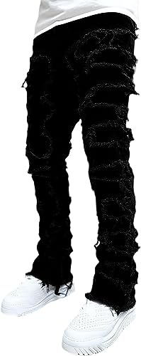 Vagbalena Herren Stretch Jeans mit geschnittenen Slim Fit Stretch Jeans mit dünnem Denim-Bleistift-Hose mit gerolltem Farbstoff gespleißt gestapelt mit geradem Bein dünne Jeans (Schwarz,M) von Vagbalena