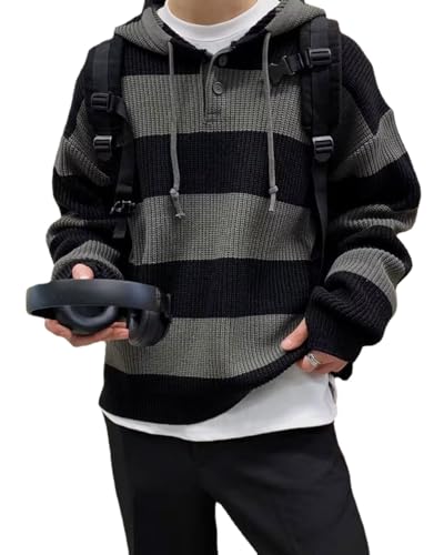 Vagbalena Herren-Strickpullover modischer Muster Strickpullover übergroßer Street Pullover Hoodie gestreifter Langarm Pullover Hoodie mit Seitenschlitz (Grau,L) von Vagbalena