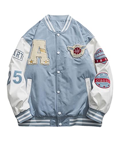 Vagbalena Herren Varsity Baseball Jacken Jacken Baseball Bomber Unisex Streetwear Vintage Letter Print Mäntel Vintage Hip Hop Jacken Baseball Jacken (Licht blau,M) von Vagbalena