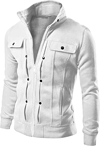 Vagbalena Herren Winterjacke Mode Lose Stehkragen Knopfleiste Sweatshirt Jacke Arbeitsjacke Taktische Jacke Freizeitjacke (Weiß,L) von Vagbalena