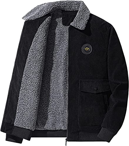 Vagbalena Herren Winterjacken Sherpa gefütterte Cordjacke Revers Langarm Thermojacke Revers Fleece gefütterte wattierte Jacke Jacke (Schwarz,M) von Vagbalena