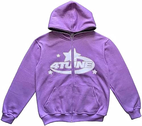 Vagbalena Herren Y2K Reißverschluss Kapuzenpullover Stern Kapuzenjacke Unisex mit Kapuze Straßenmode Reißverschluss Sportjacke Sportstil Varsity Jacke (Lila,XXL) von Vagbalena