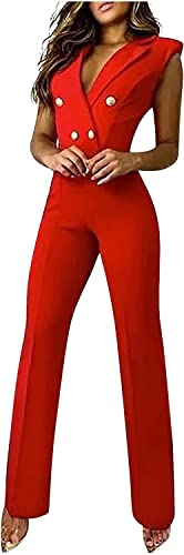 Vagbalena Jumpsuit Damen Hochzeit Party Mode Eleganter Langer Bodysuit V-Ausschnitt Festlicher Overall Damen Hochzeitsgast Jumpsuit Ärmelloses Hosenset (Rot,S) von Vagbalena