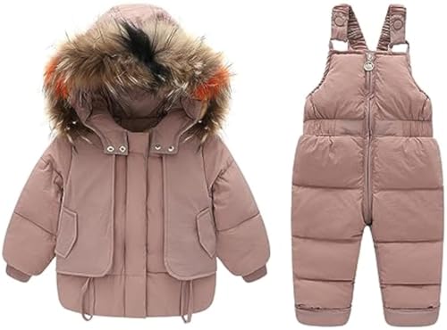 Vagbalena Jungen und Mädchen Winter verdickte Daunenjacke Kinder Skibekleidung Jungen Schneeanzug mit Pelzkragen Kapuze Mädchen Zweiteiliger Skianzug + Skihosenanzug (Rosa,100) von Vagbalena