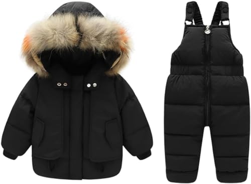 Vagbalena Jungen und Mädchen Winter verdickte Daunenjacke Kinder Skibekleidung Jungen Schneeanzug mit Pelzkragen Kapuze Mädchen Zweiteiliger Skianzug + Skihosenanzug (Schwarz,100) von Vagbalena