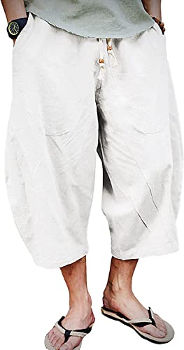 Vagbalena Lässige Herren-Sommerhose mit Kordelzug und Taschen 3/4-Leinenhose Entspannte Strandhose Leichte Bohemian-Hose Punk-Hose (Weiß,L) von Vagbalena