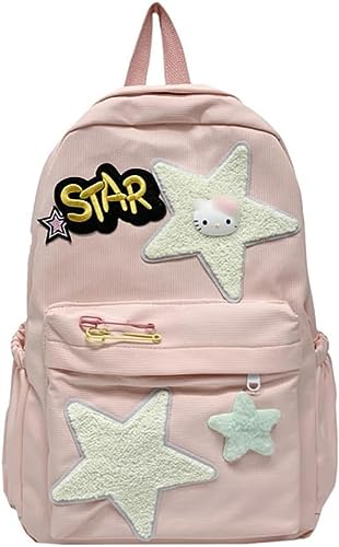 Vagbalena Mädchen Kawaii Rucksack Kawaii Y2K Design Trendy Bunte Harajuku Wanderrucksack Ästhetische Rucksack Star Applique Ästhetische Canvas Schulranzen (Rosa,Eine Größe) von Vagbalena