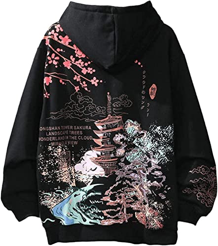 Vagbalena Männer Frauen Ästhetischer Japan Sakura Hoodie Y2K Harajuku Stoff Anime Koreanisch Kapuzen Langarm Sweatshirt Paare Ästhetischer Japan Sakura Hoodie (Schwarz,3XL) von Vagbalena